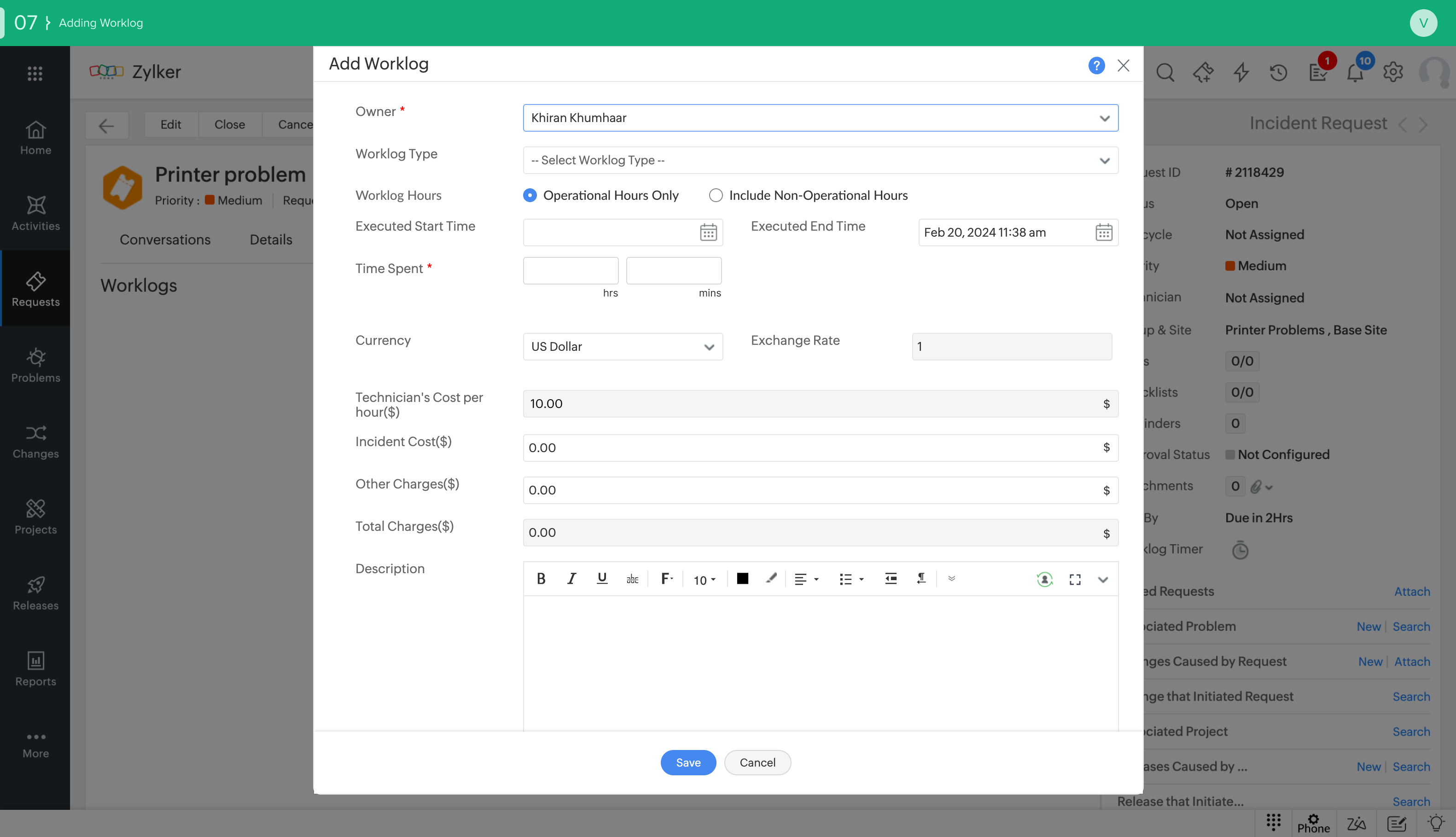 Servicedesk Plus Work Log ManageEngine ServiceDesk Plus