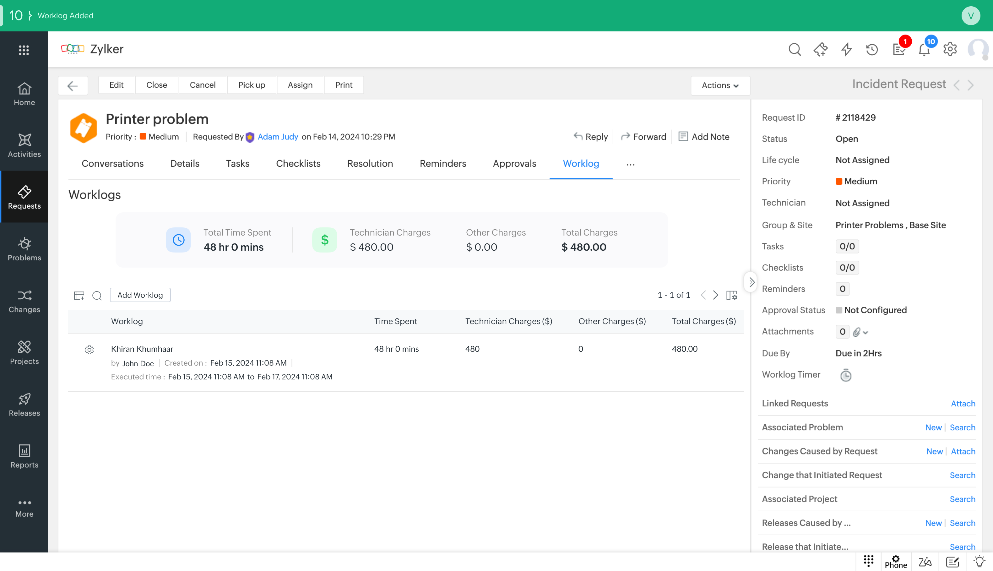 Servicedesk Plus Work Log ManageEngine ServiceDesk Plus